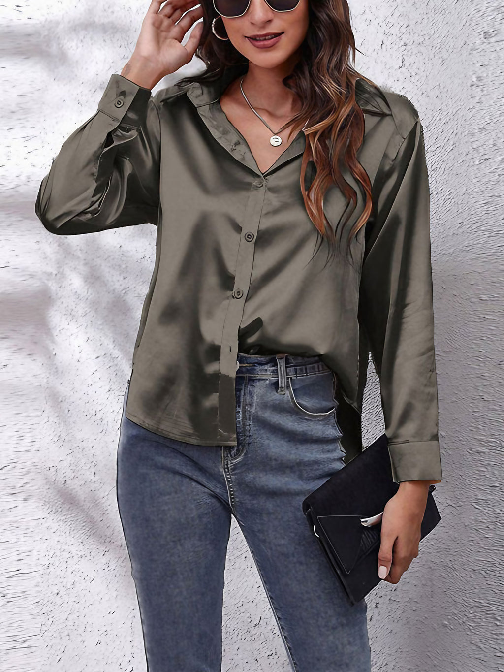 Chemise femme manches longues au tombé fluide, treize coloris, gris foncé