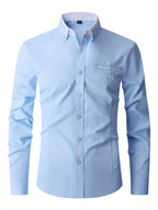 Chemise homme extensible boutonnée, six coloris, tailles 38 à 47, bleu clair