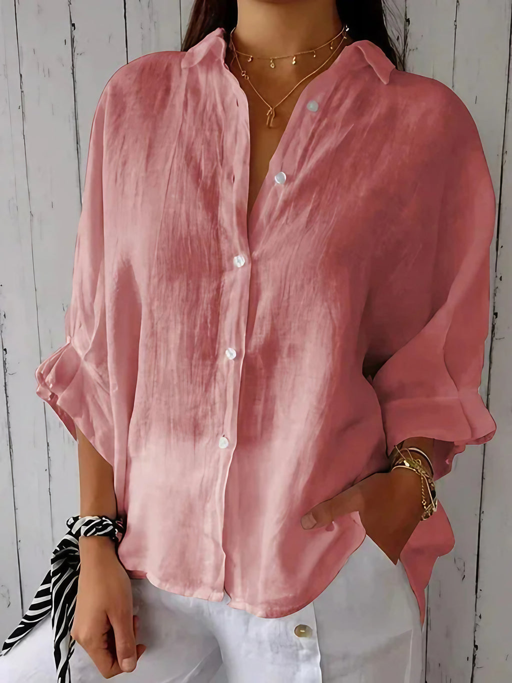 Chemisier femme ample à plis aux manches, neuf coloris, rose