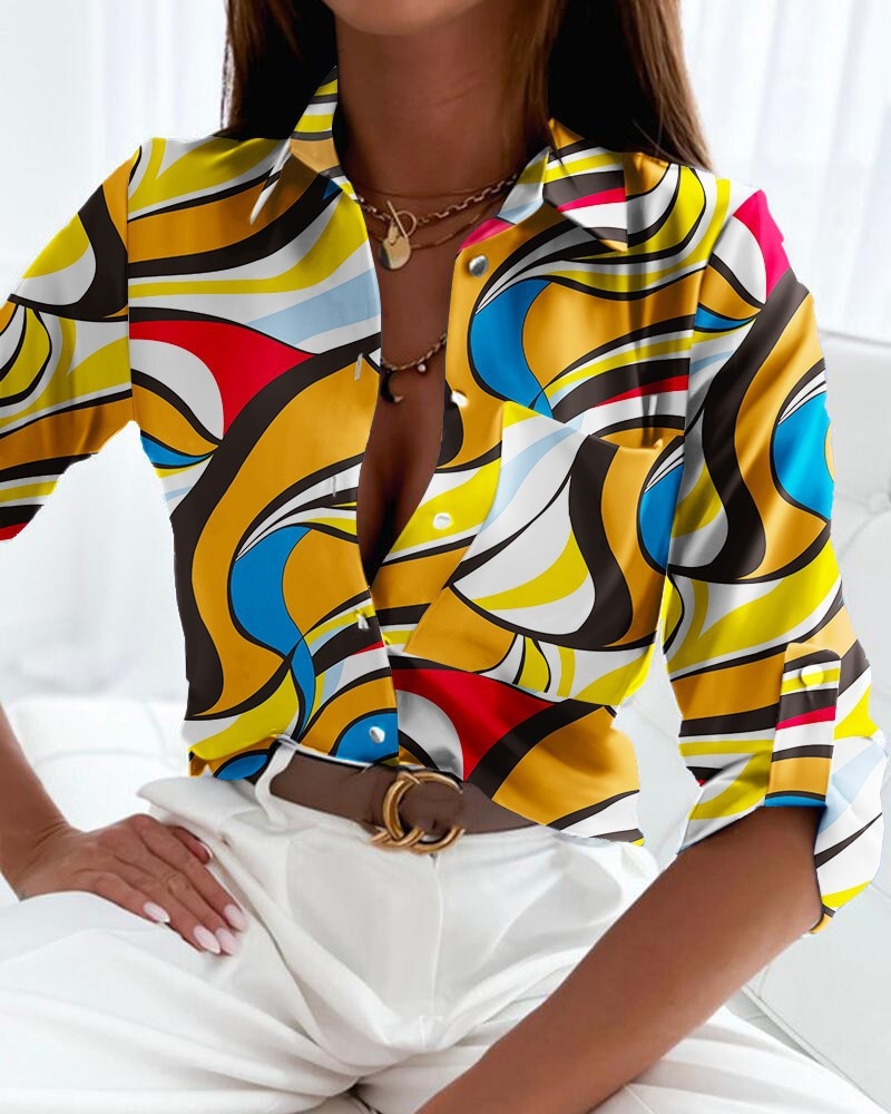 Chemisier femme imprimé à col rabattu, coupe ajustée, jaune