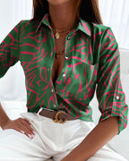 Chemisier femme imprimé à col rabattu, coupe ajustée, vert