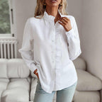 Chemisier femme manches longues à col travaillé, quatre coloris, blanc