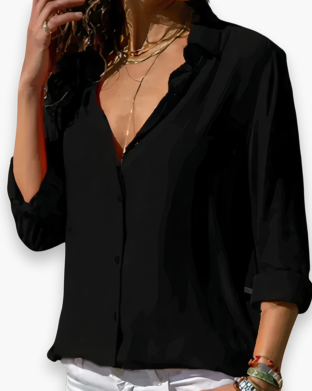 Chemisier femme manches longues, coupe ajustée, du S au 5XL, noir