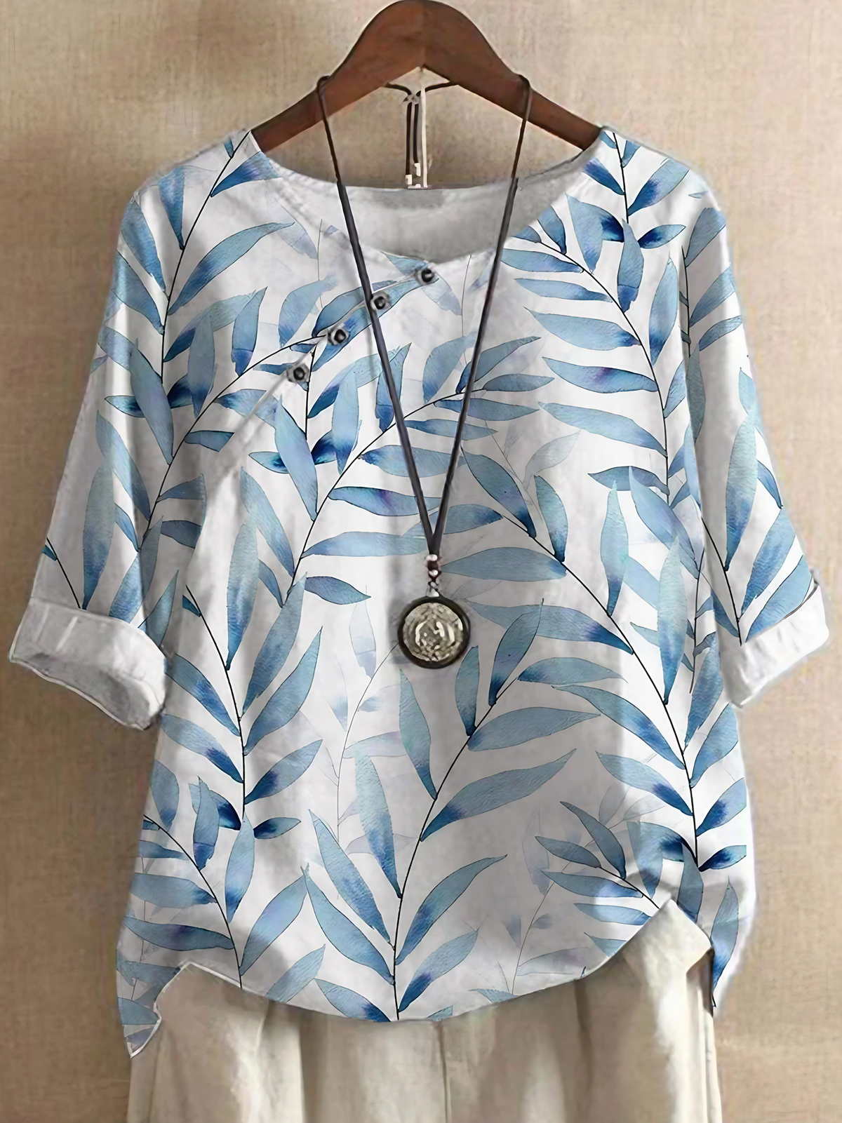 Chemisier femme à imprimé feuilles, coupe fluide, S au 5XL, blanc