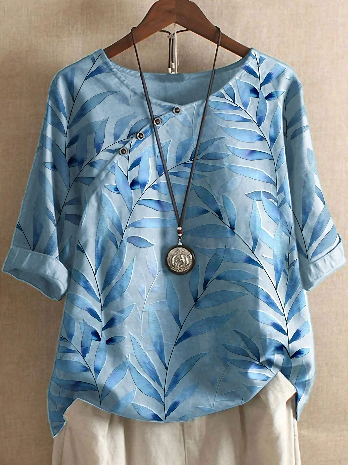 Chemisier femme à imprimé feuilles, coupe fluide, S au 5XL, bleu
