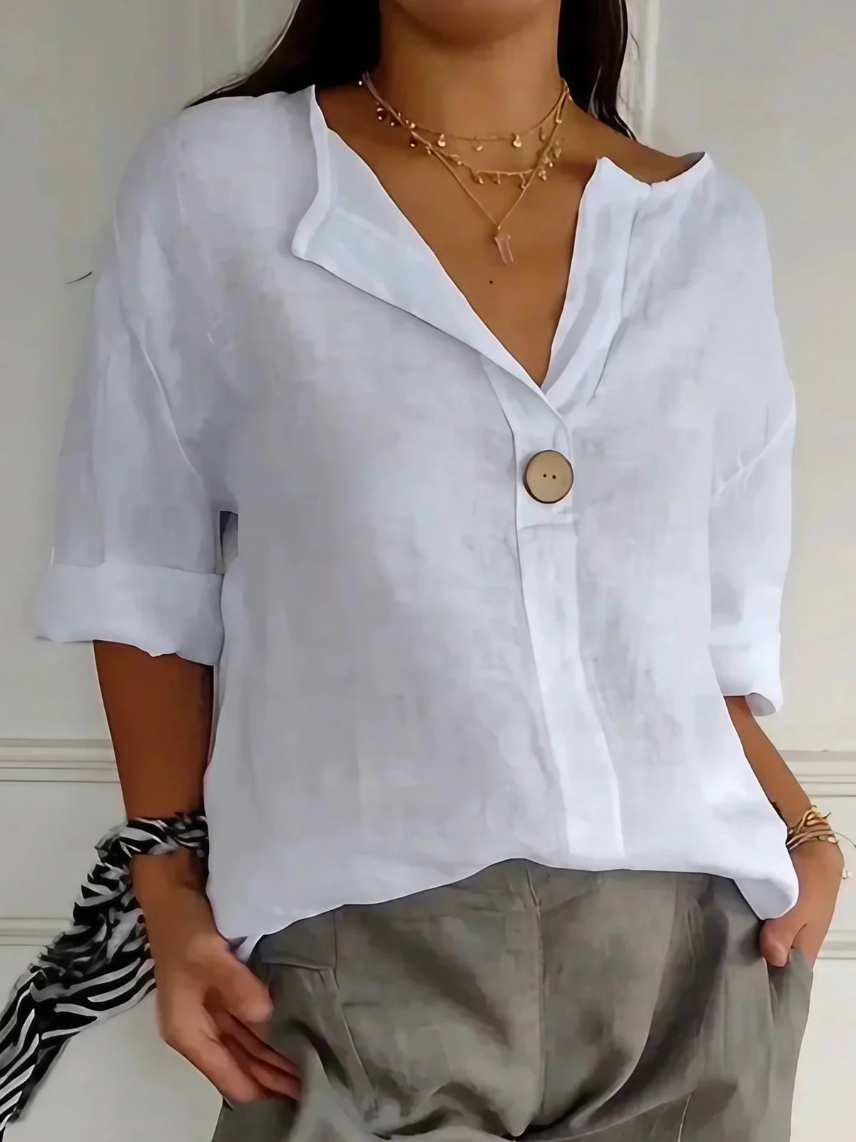 Chemisier femme col V, coupe décontractée, du S au 5XL, blanc