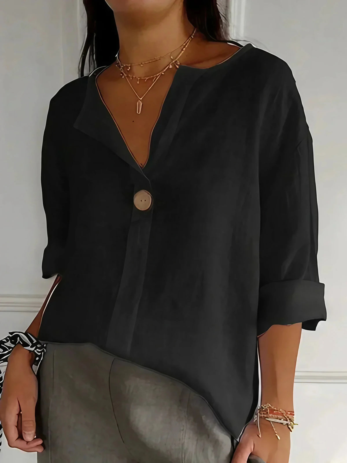 Chemisier femme col V, coupe décontractée, du S au 5XL, noir