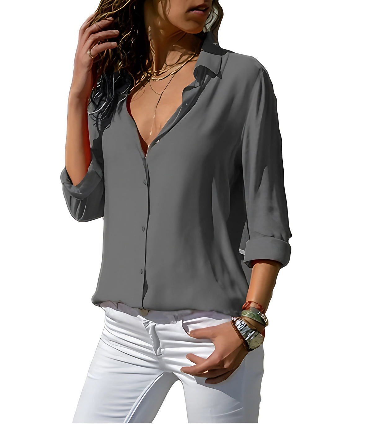 Chemisier femme col V à manches longues, sept coloris, gris