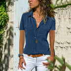 Chemisier femme col classique, manches longues, coupe ajustée, bleu denim