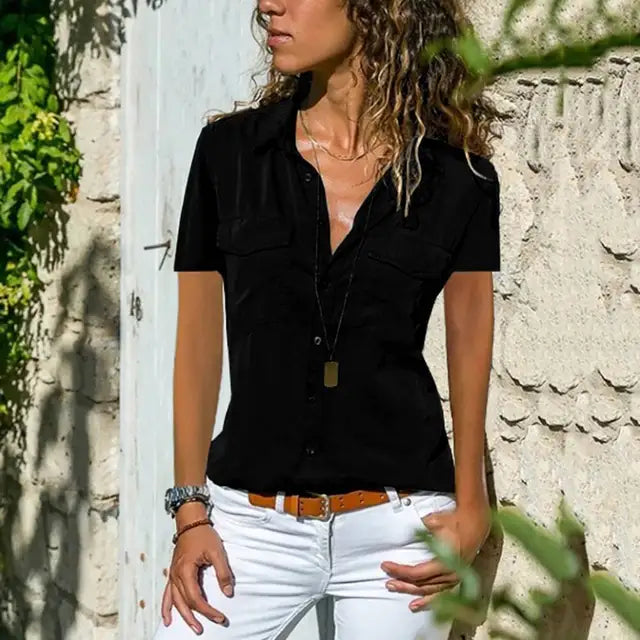 Chemisier femme col classique, manches longues, coupe ajustée, noir