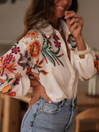 Chemisier bohème femme brodé de fleurs, coupe ample, beige