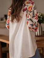 Chemisier bohème femme brodé de fleurs, coupe ample, beige