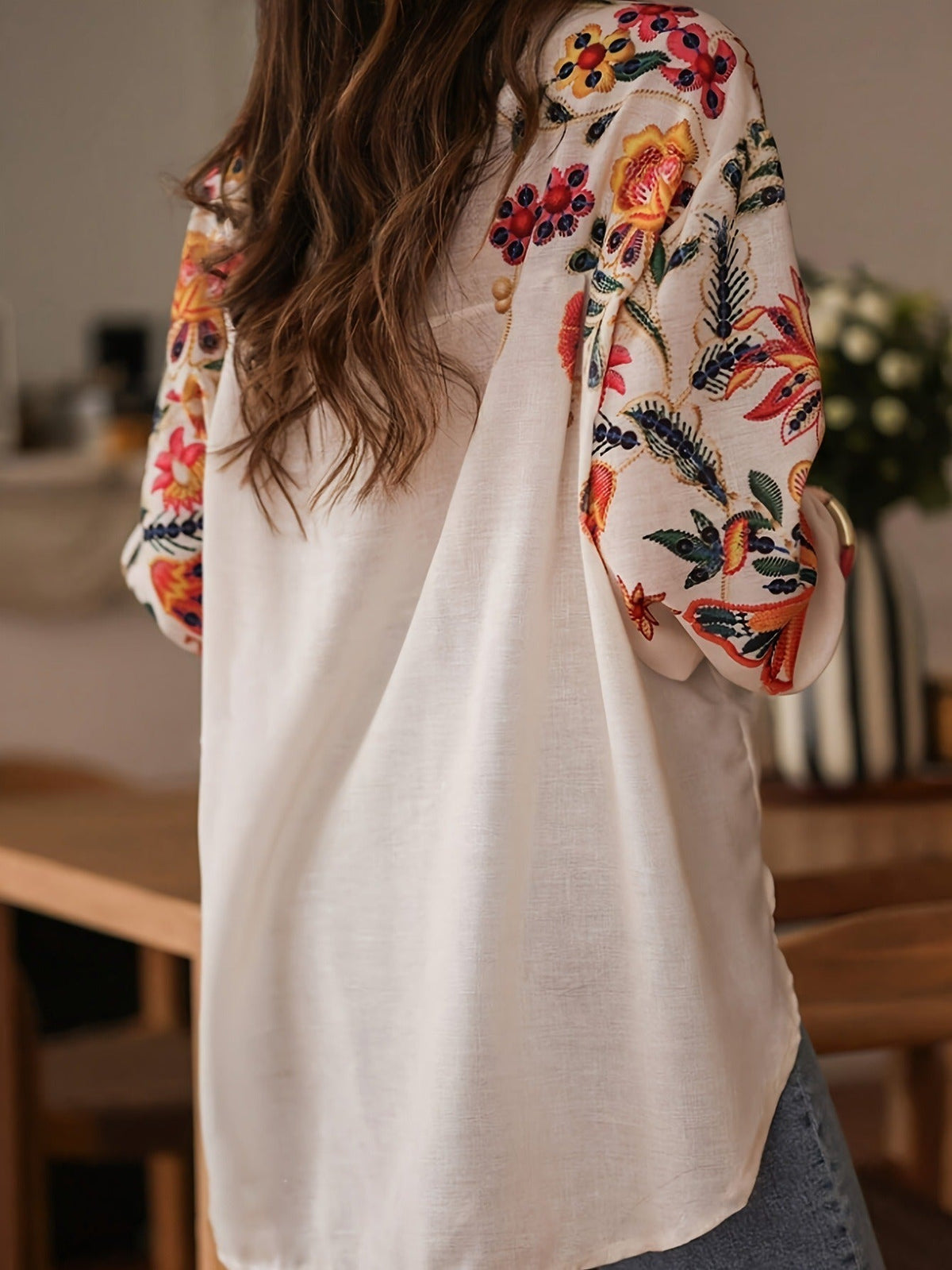 Chemisier bohème femme brodé de fleurs, coupe ample, beige