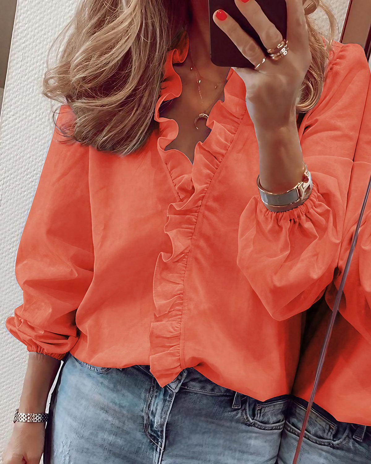 Chemisier femme à volants et manches lanterne, du S au 5XL, orange