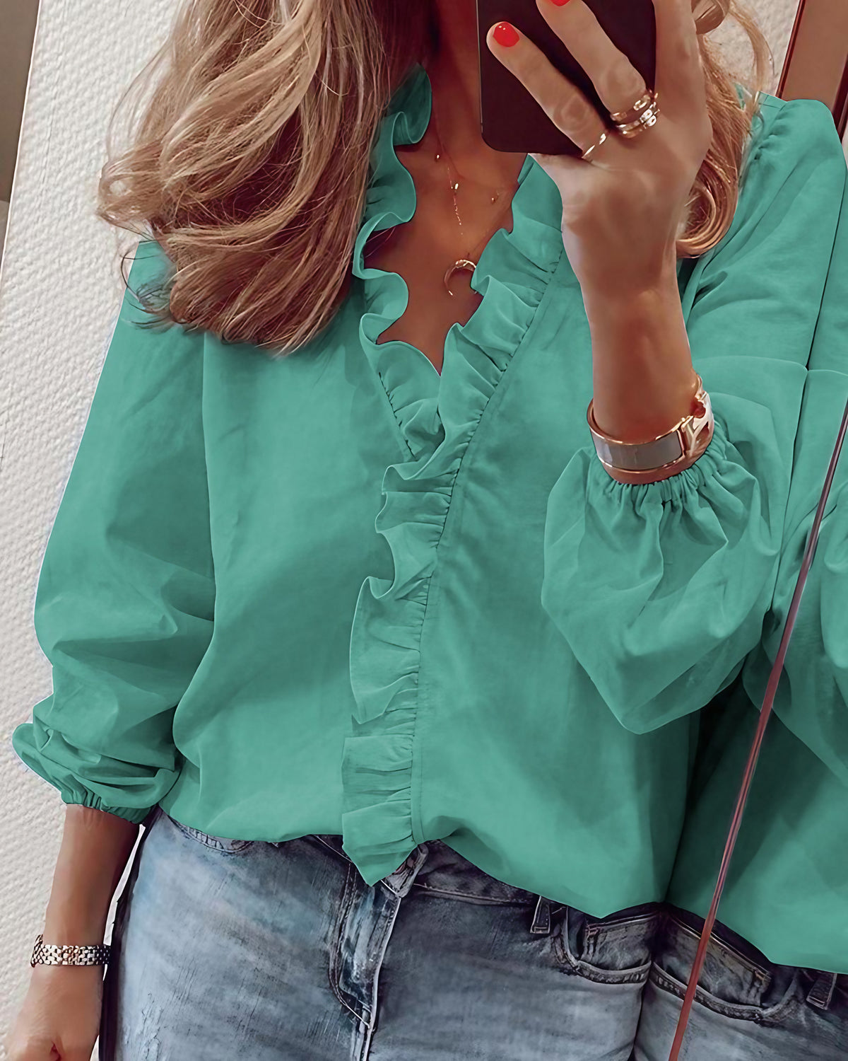 Chemisier femme à volants et manches lanterne, du S au 5XL, vert