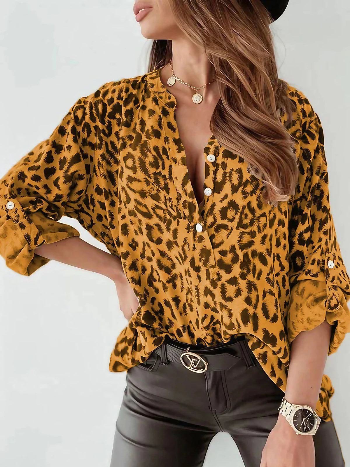 Chemisier femme imprimé léopard à manches longues, du S au 2XL, jaune