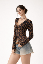Chemisier léopard femme col V à manches longues, du S au XL