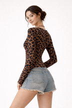 Chemisier léopard femme col V à manches longues, du S au XL