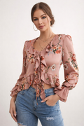 Blouse fleurie femme rose à volants, col V à nouer, rose