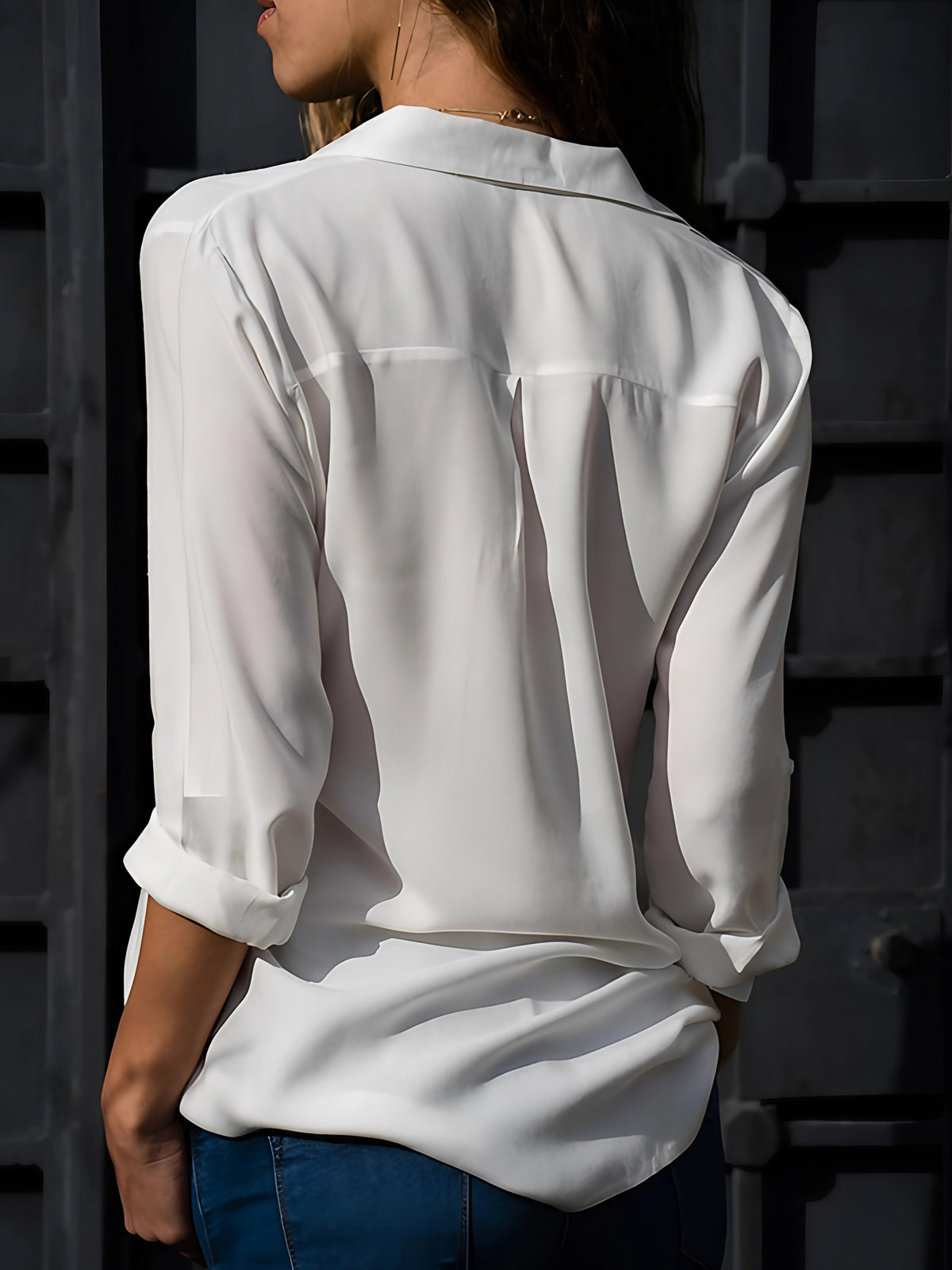 Chemisier femme col V à manches longues, sept coloris, blanc