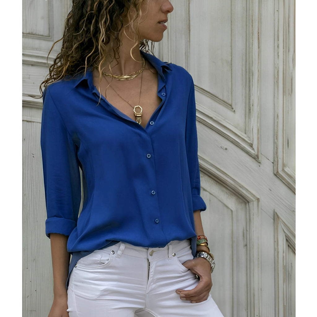 Chemisier femme col V à manches longues, sept coloris