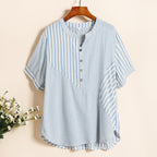 Chemisier rayé femme col V à manches courtes, coupe ample, bleu