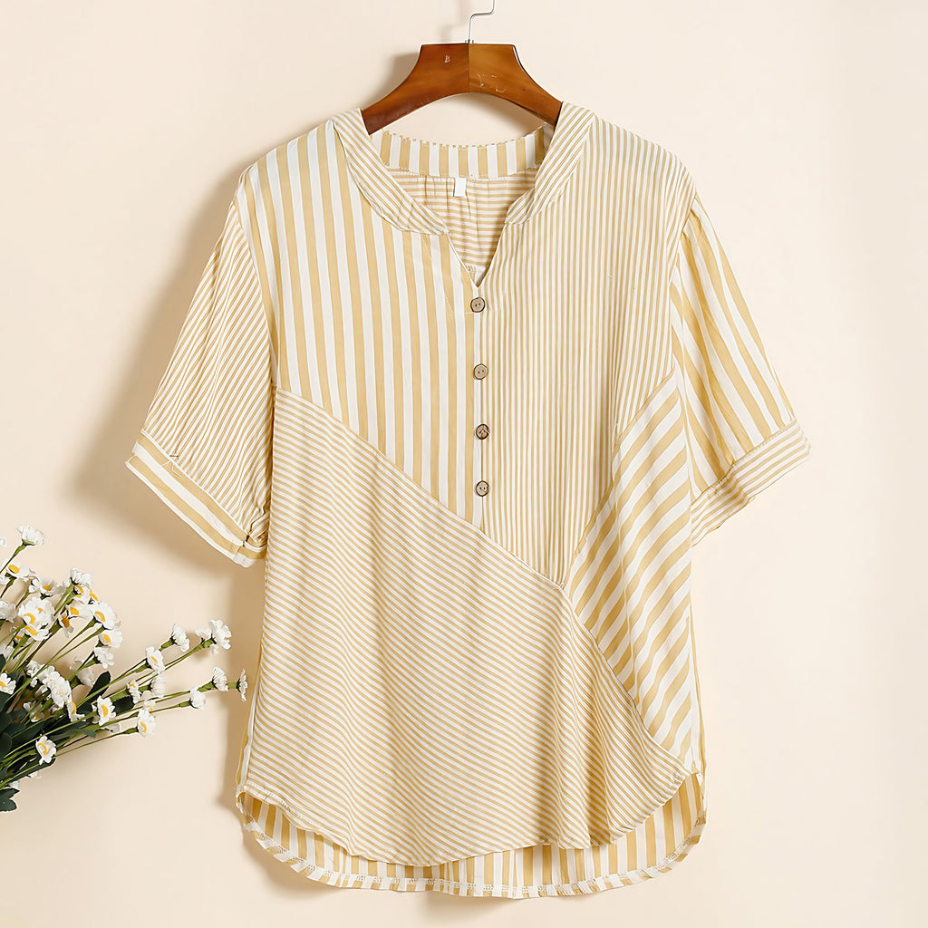 Chemisier rayé femme col V à manches courtes, coupe ample, jaune