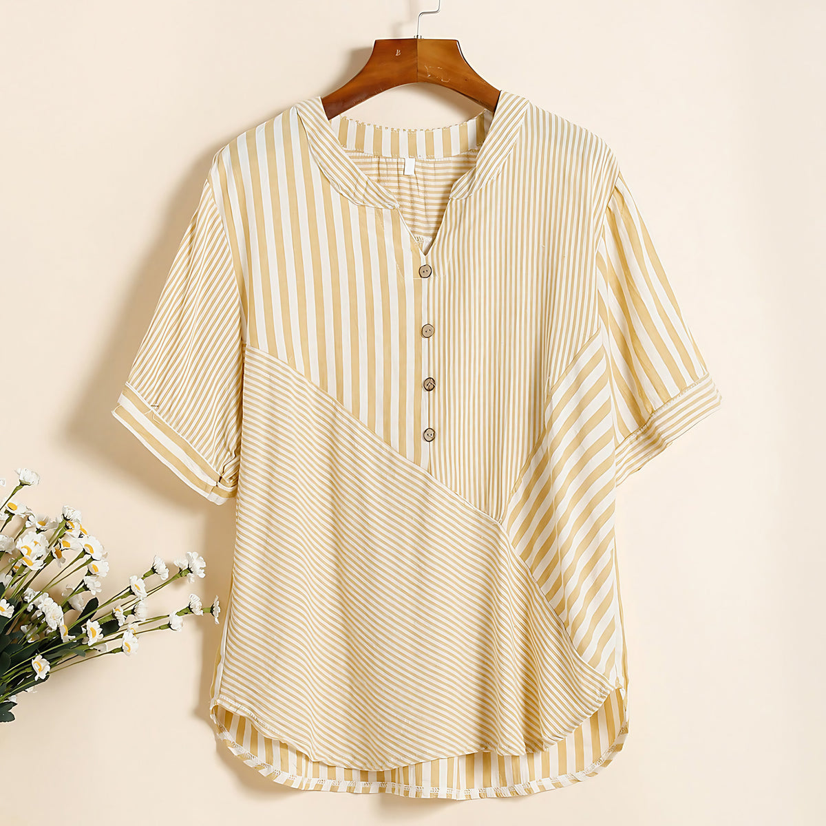 Chemisier rayé femme col V à manches courtes, coupe ample, jaune
