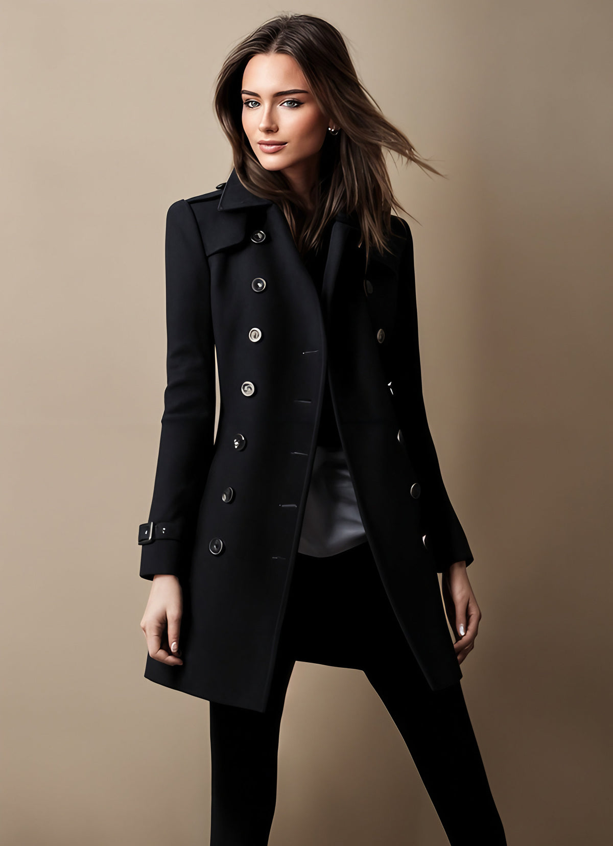 Manteau femme d'hiver à patte de boutonnage et poches, noir