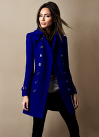Manteau femme d'hiver à patte de boutonnage et poches, bleu