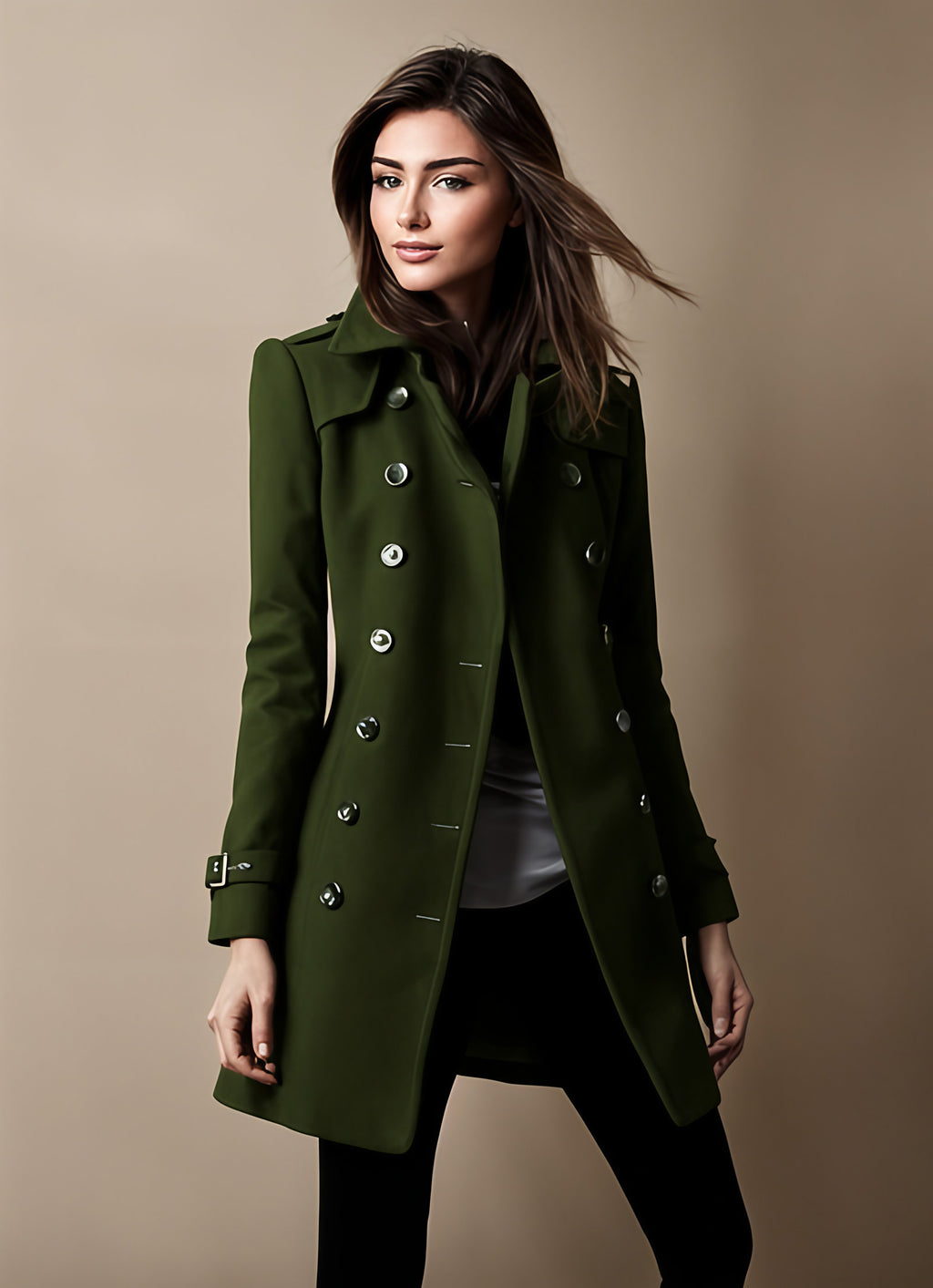 Manteau femme d'hiver à patte de boutonnage et poches, vert