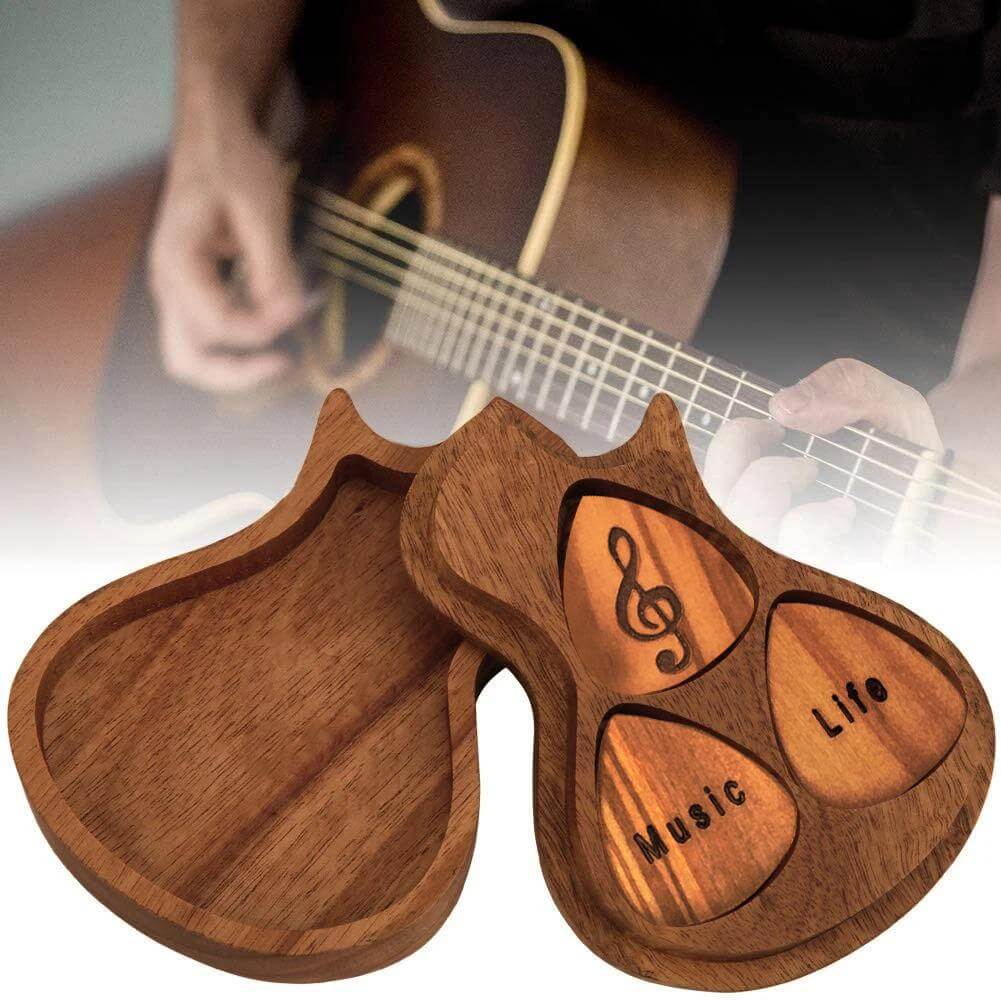 Médiators de guitare en bois gravés, coffret en forme de guitare
