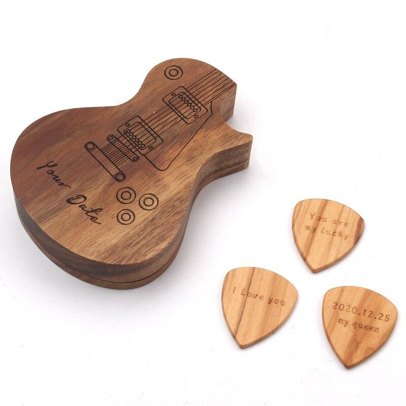 Médiators de guitare en bois gravés, coffret en forme de guitare