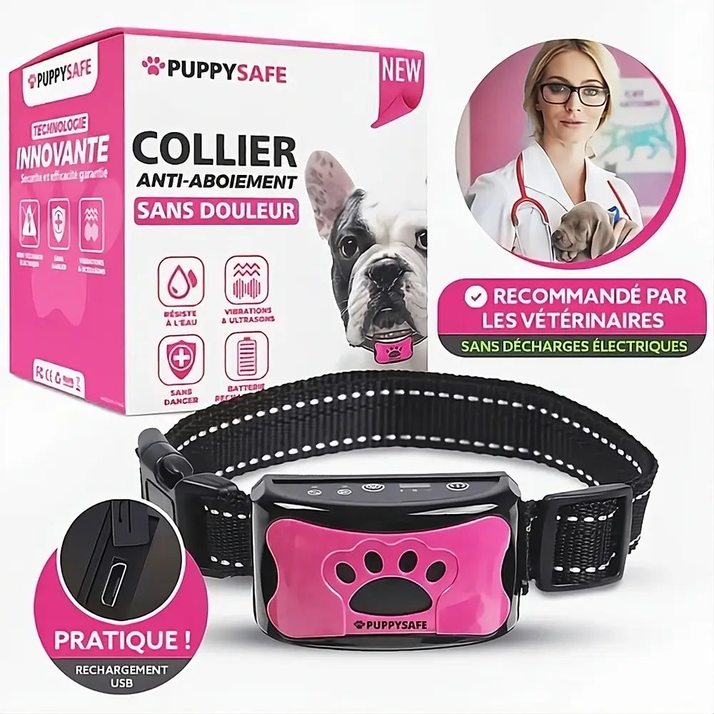 Collier anti-aboiement à vibration pour chien, sans choc, rose