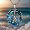 Collier femme pendentif rond tortues de mer et opale bleue