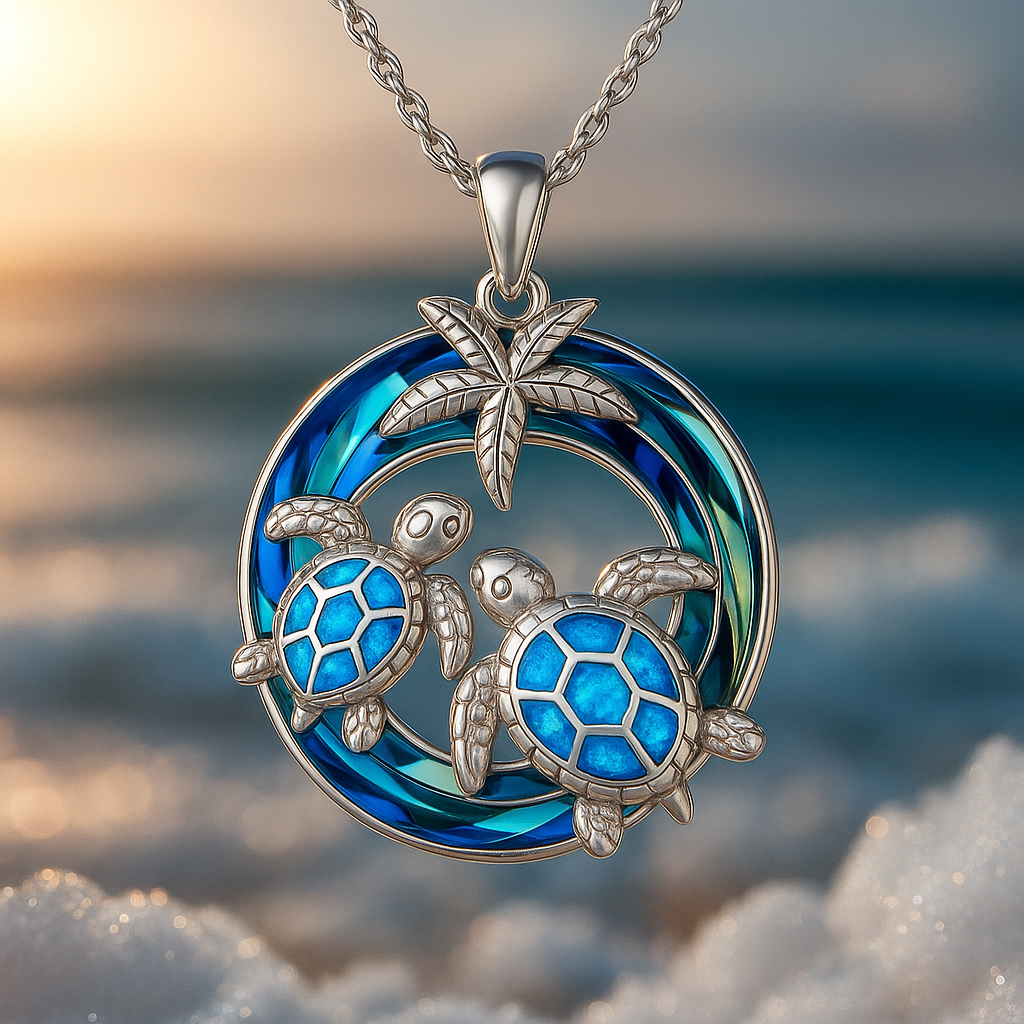 Collier femme pendentif rond tortues de mer et opale bleue