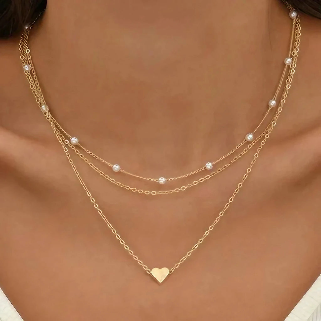 Collier femme trois rangs, pendentif cœur ou croix, doré ou argenté