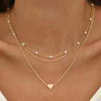 Collier femme trois rangs, pendentif cœur ou croix, doré ou argenté