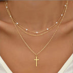 Collier femme trois rangs, pendentif cœur ou croix, doré ou argenté