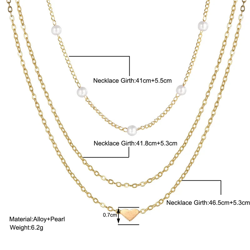 Collier femme trois rangs, pendentif cœur ou croix, doré ou argenté