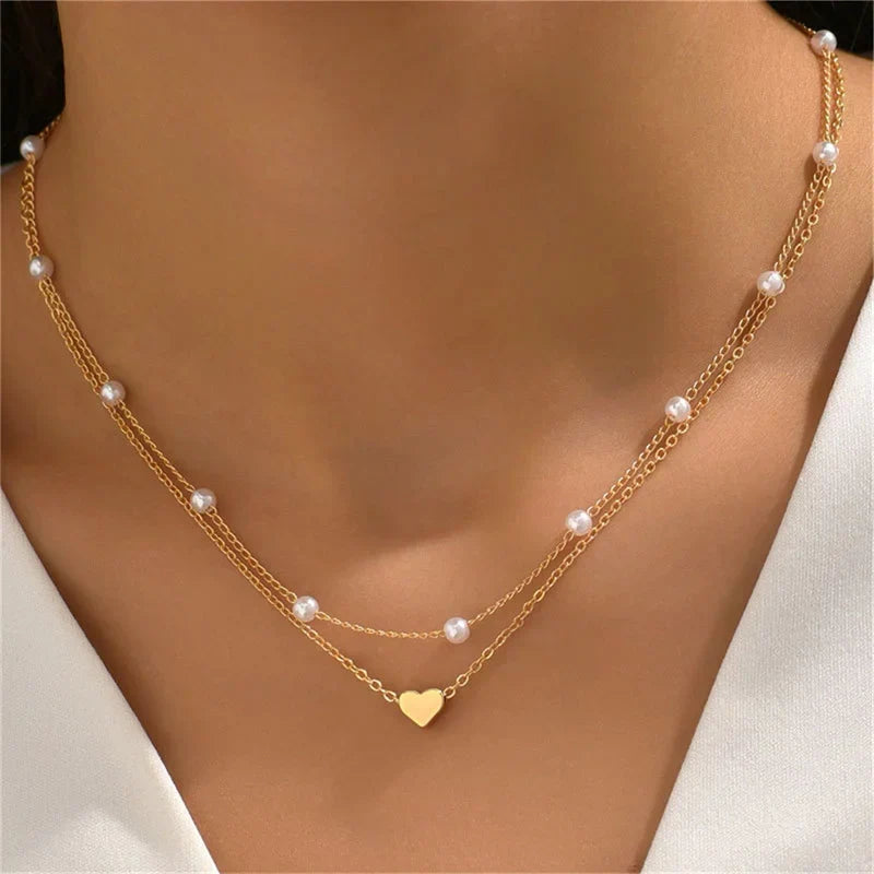 Collier femme trois rangs, pendentif cœur ou croix, doré ou argenté