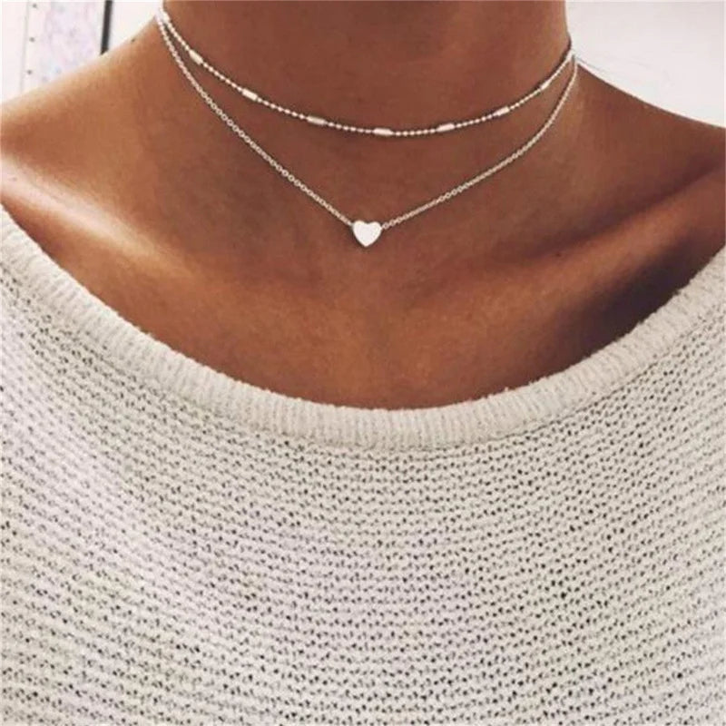 Collier femme trois rangs, pendentif cœur ou croix, doré ou argenté