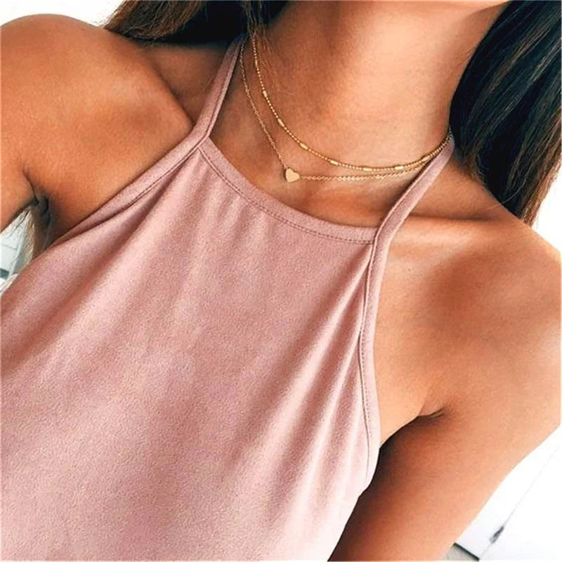 Collier femme trois rangs, pendentif cœur ou croix, doré ou argenté