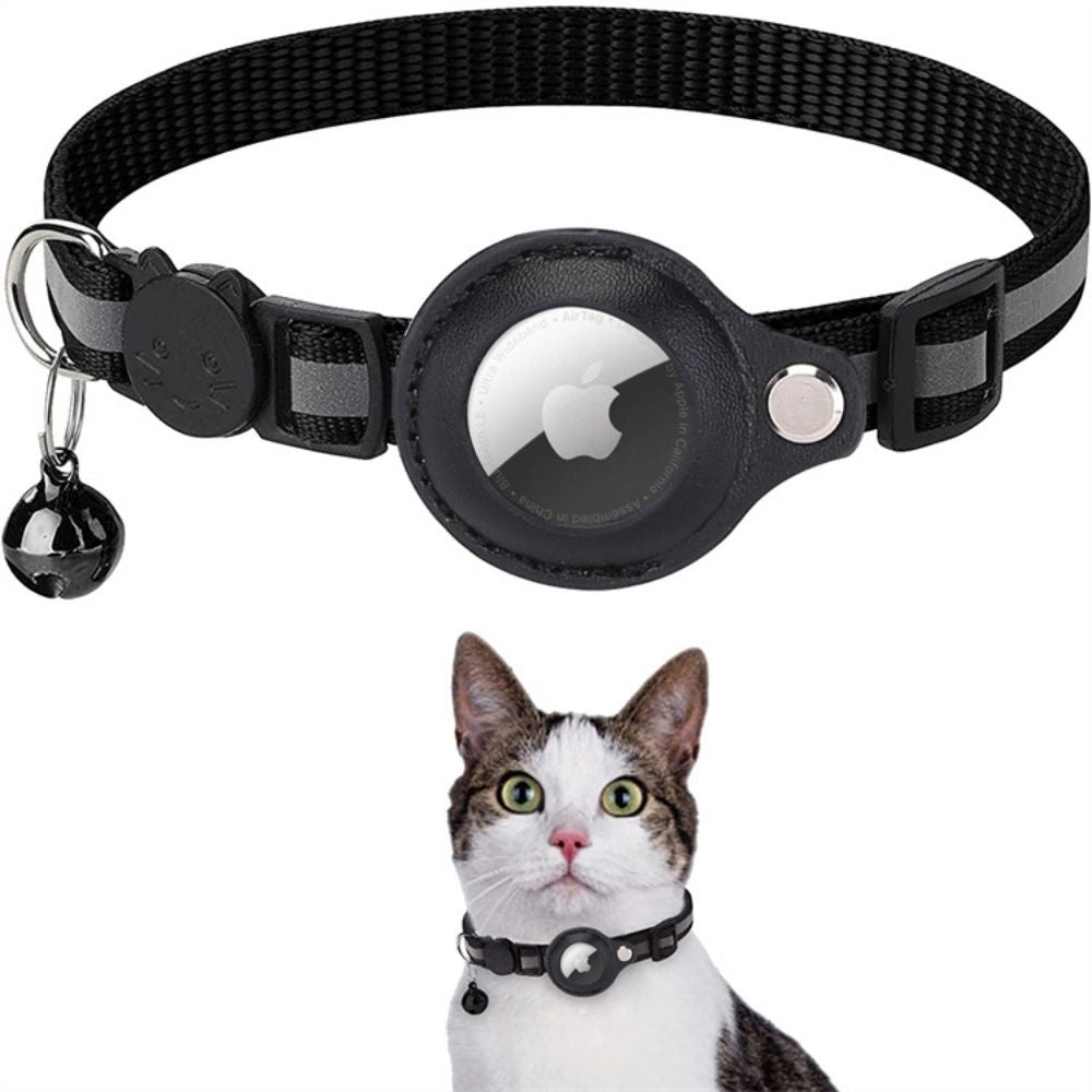Collier chat réfléchissant à clochette, avec ou sans traceur, noir