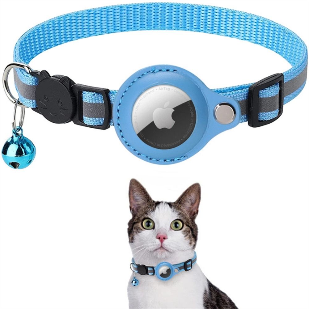 Collier chat réfléchissant à clochette, avec ou sans traceur, bleu ciel