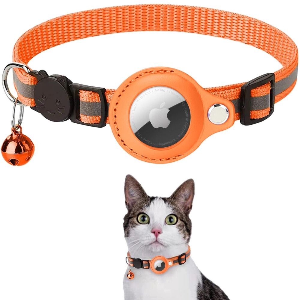 Collier chat réfléchissant à clochette, avec ou sans traceur, orange