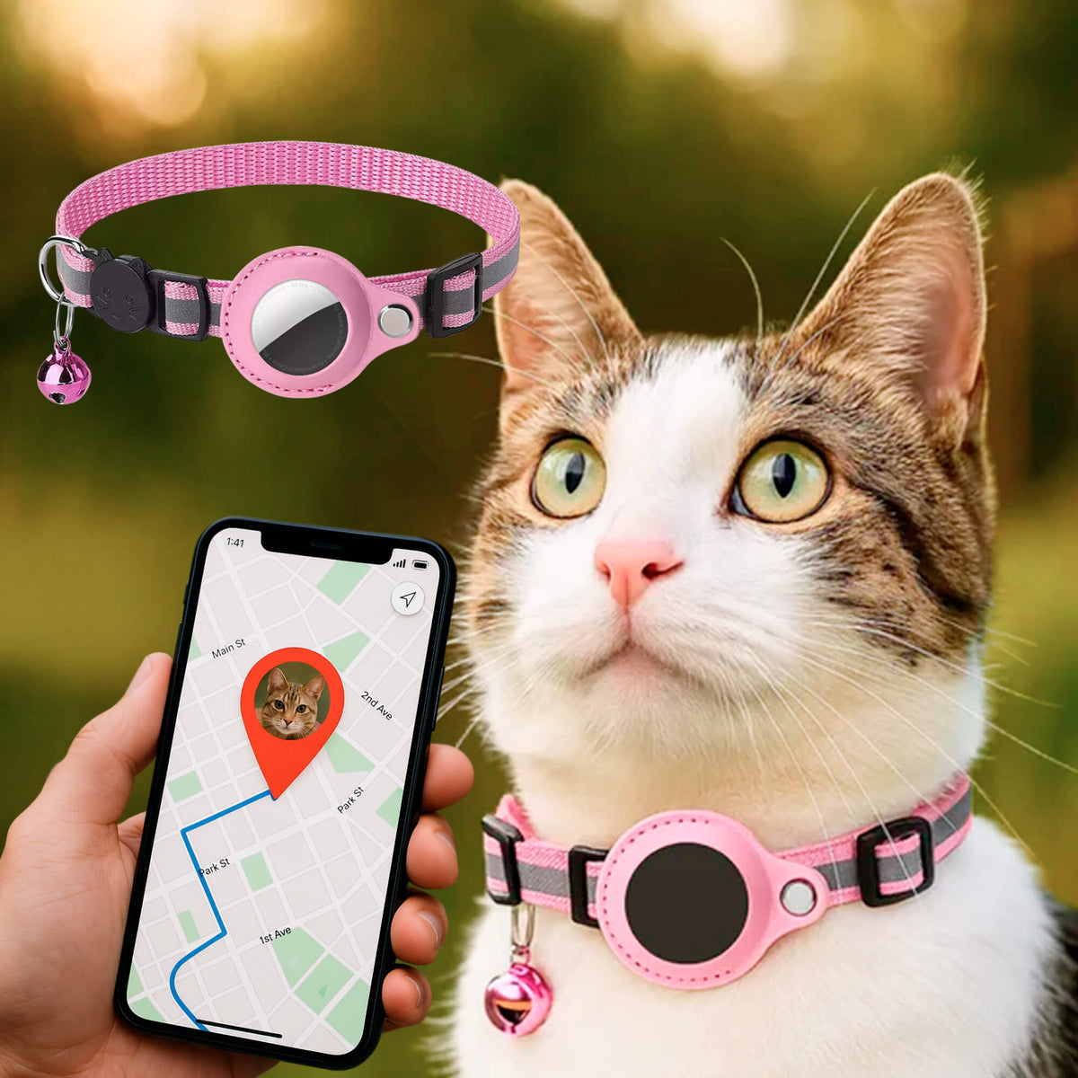 Collier pour chat en nylon réfléchissant, clochette, six coloris, rose