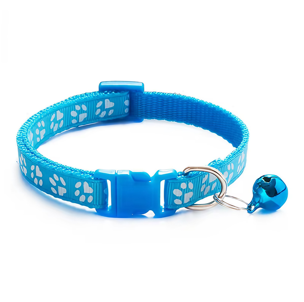 Collier pour chat réglable à clochette et motif patte, bleu ciel