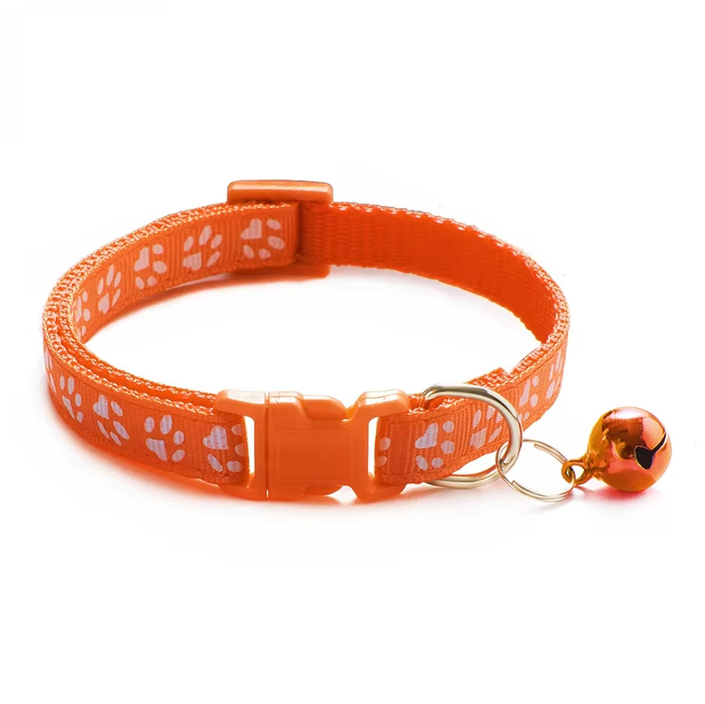 Collier pour chat réglable à clochette et motif patte, orange