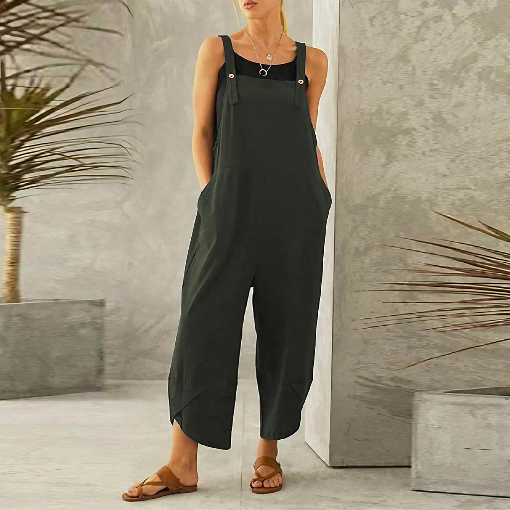 Combinaison ample femme à bretelles réglables et poches, vert
